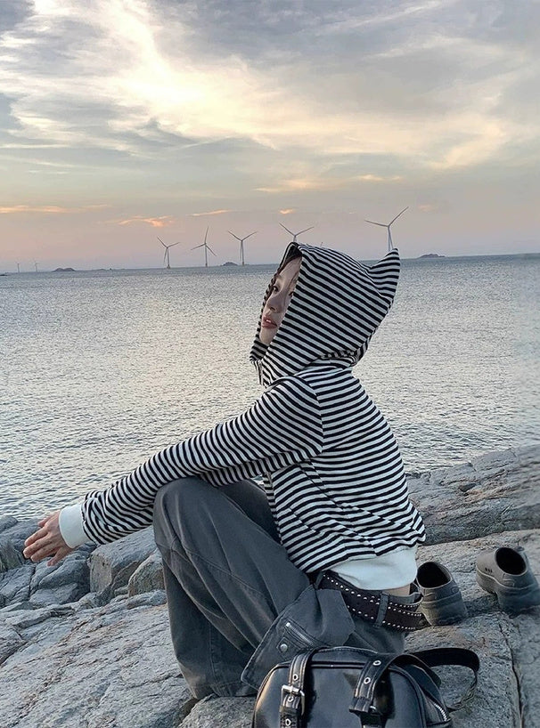 Animal-Ear Striped Zip Hoodie 動物耳朵條紋拉鍊連帽上衣 [ks291] — image 圖片 7