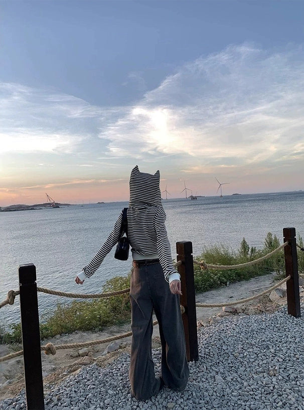 Animal-Ear Striped Zip Hoodie 動物耳朵條紋拉鍊連帽上衣 [ks291] — image 圖片 9