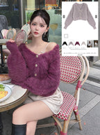Gold-Button Shaggy Knit Cropped Cardigan 金色鈕扣毛絨針織短版開襟外套 image 1
