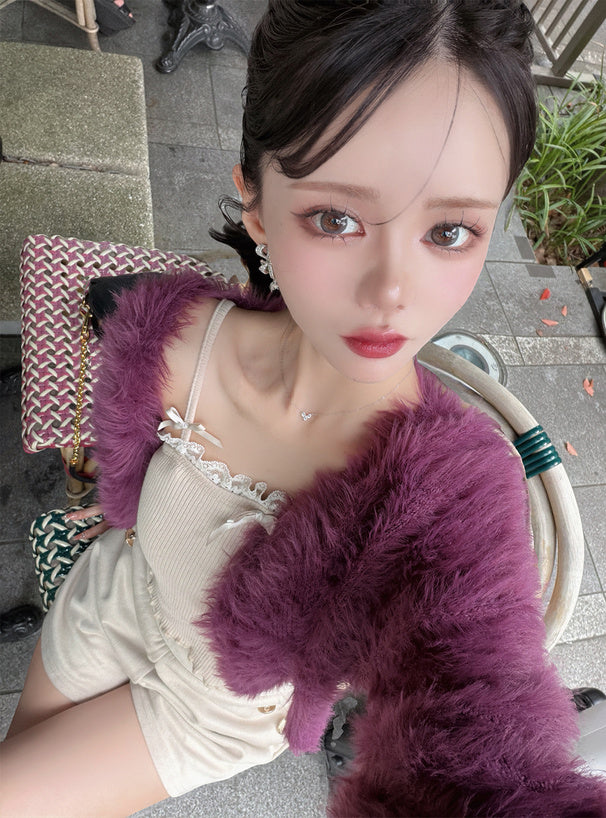 Gold-Button Shaggy Knit Cropped Cardigan 金色鈕扣毛絨針織短版開襟外套 image 3