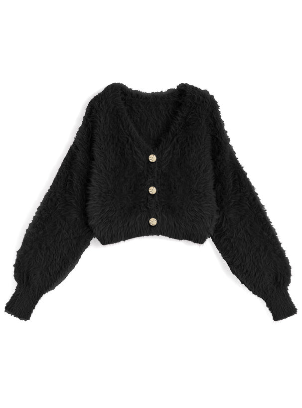 Gold-Button Shaggy Knit Cropped Cardigan 金色鈕扣毛絨針織短版開襟外套 image 4