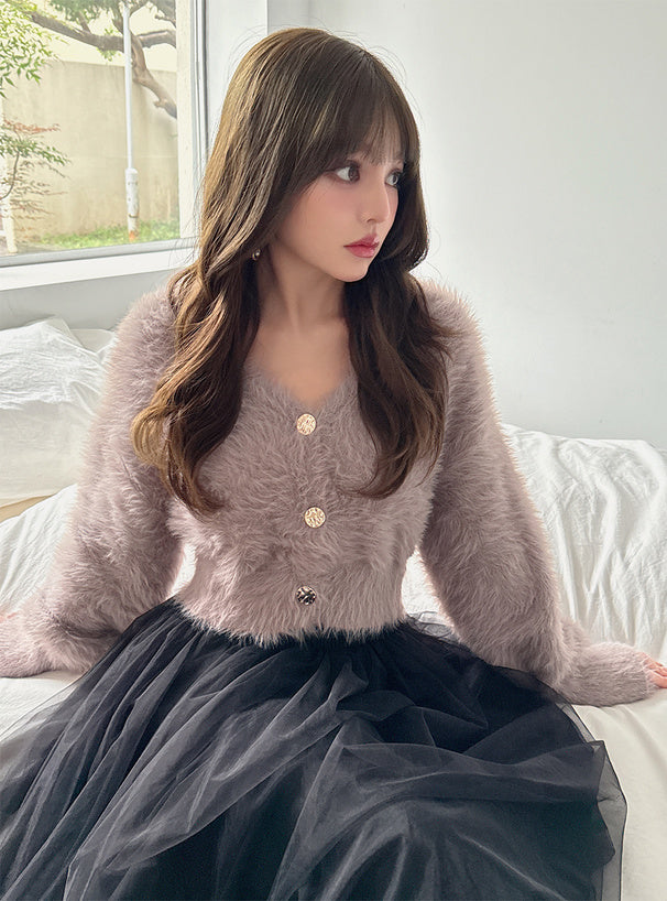 Gold-Button Shaggy Knit Cropped Cardigan 金色鈕扣毛絨針織短版開襟外套 image 11
