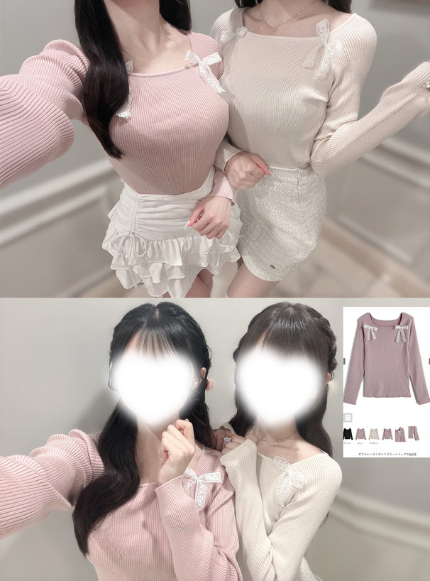 Double Lace Ribbon Ribbed Knit Top 雙蕾絲蝴蝶結羅紋針織上衣 [lg02] — Image 1