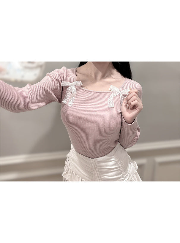 Double Lace Ribbon Ribbed Knit Top 雙蕾絲蝴蝶結羅紋針織上衣 [lg02] — Image 3