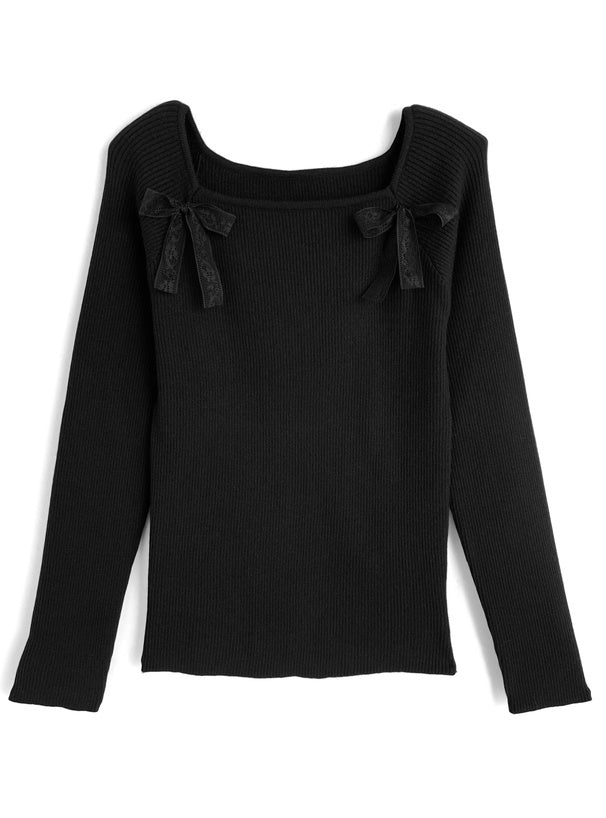 Double Lace Ribbon Ribbed Knit Top 雙蕾絲蝴蝶結羅紋針織上衣 [lg02] — Image 4