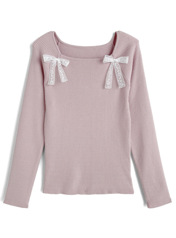 Double Lace Ribbon Ribbed Knit Top 雙蕾絲蝴蝶結羅紋針織上衣 [lg02] — Image 5
