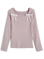 Double Lace Ribbon Ribbed Knit Top 雙蕾絲蝴蝶結羅紋針織上衣 [lg02] — Image 5