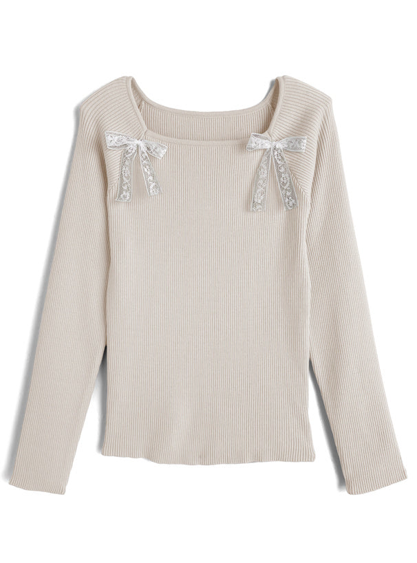 Double Lace Ribbon Ribbed Knit Top 雙蕾絲蝴蝶結羅紋針織上衣 [lg02] — Image 6