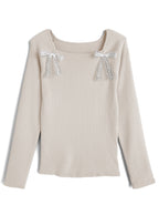Double Lace Ribbon Ribbed Knit Top 雙蕾絲蝴蝶結羅紋針織上衣 [lg02] — Image 6