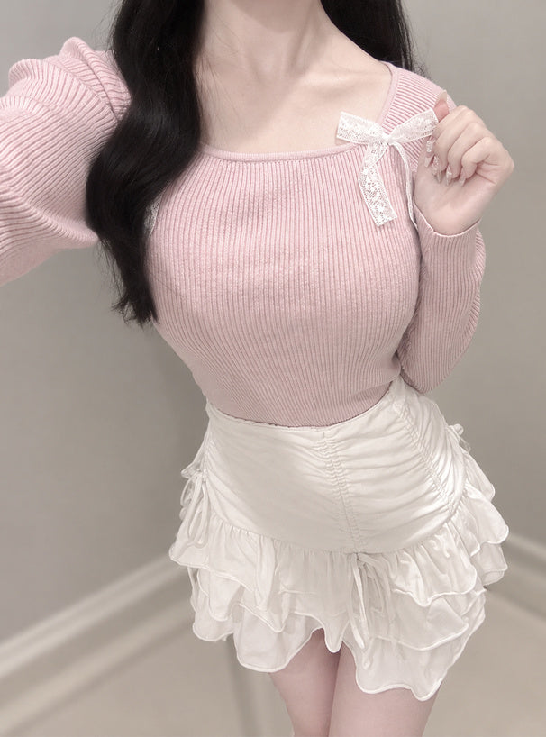 Double Lace Ribbon Ribbed Knit Top 雙蕾絲蝴蝶結羅紋針織上衣 [lg02] — Image 7