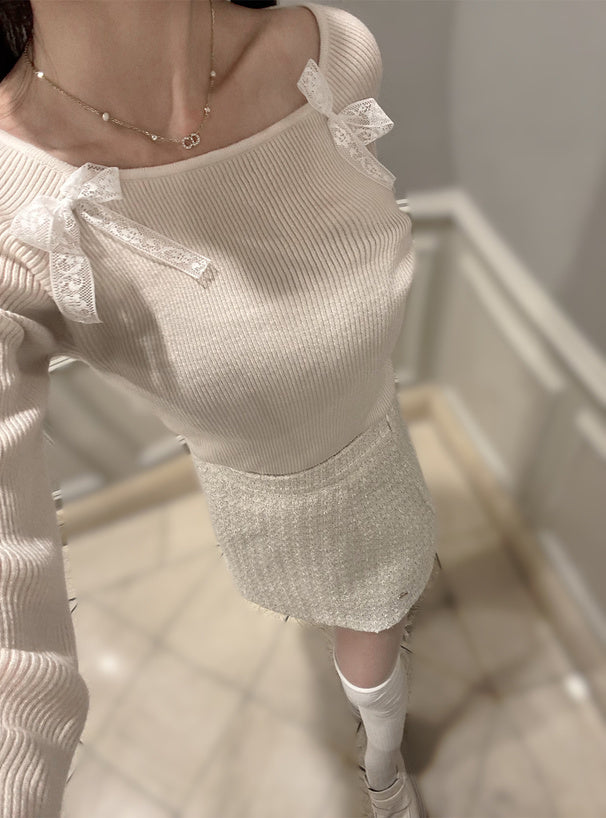 Double Lace Ribbon Ribbed Knit Top 雙蕾絲蝴蝶結羅紋針織上衣 [lg02] — Image 9