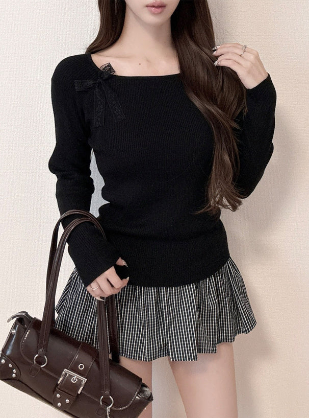 Double Lace Ribbon Ribbed Knit Top 雙蕾絲蝴蝶結羅紋針織上衣 [lg02] — Image 11