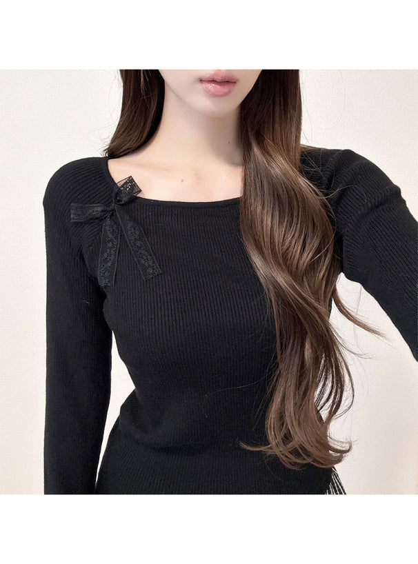 Double Lace Ribbon Ribbed Knit Top 雙蕾絲蝴蝶結羅紋針織上衣 [lg02] — Image 12