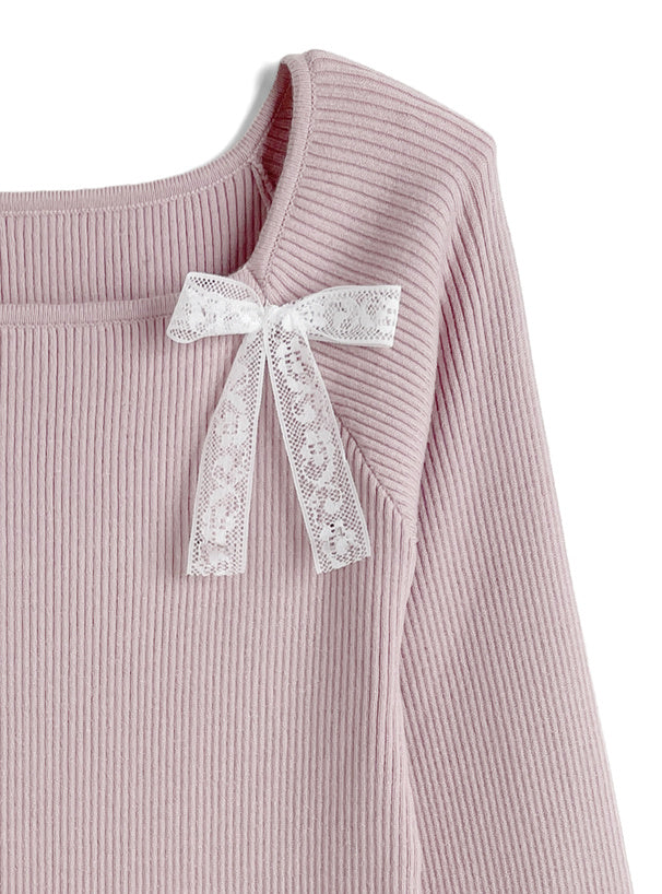 Double Lace Ribbon Ribbed Knit Top 雙蕾絲蝴蝶結羅紋針織上衣 [lg02] — Image 14