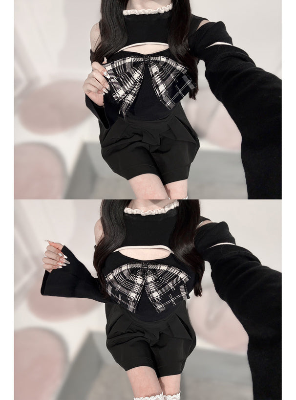 ru1972 Plaid Bow Cutout Knit Top 格紋蝴蝶結挖空針織上衣 1