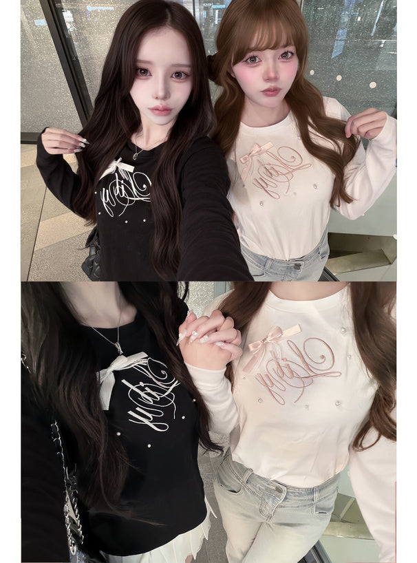 ze1088 Ribbon and Pearl Logo Embroidered Long Sleeve T-Shirt 蝴蝶結珍珠標誌刺繡長袖T恤 1