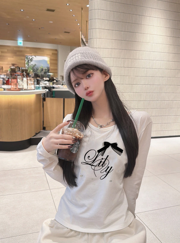 ze1088 Ribbon and Pearl Logo Embroidered Long Sleeve T-Shirt 蝴蝶結珍珠標誌刺繡長袖T恤 3