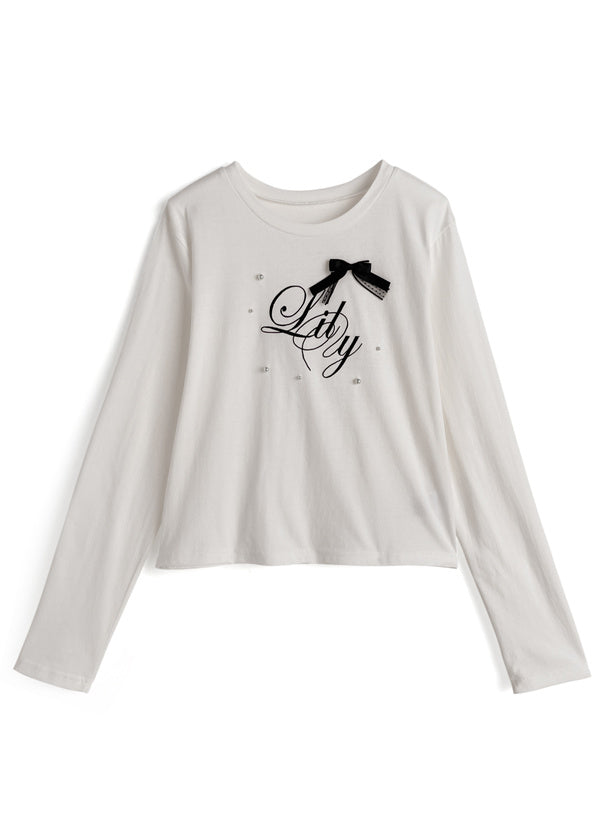 ze1088 Ribbon and Pearl Logo Embroidered Long Sleeve T-Shirt 蝴蝶結珍珠標誌刺繡長袖T恤 4