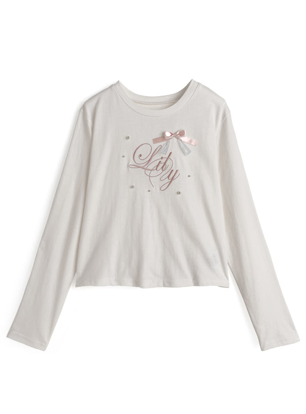 ze1088 Ribbon and Pearl Logo Embroidered Long Sleeve T-Shirt 蝴蝶結珍珠標誌刺繡長袖T恤 6
