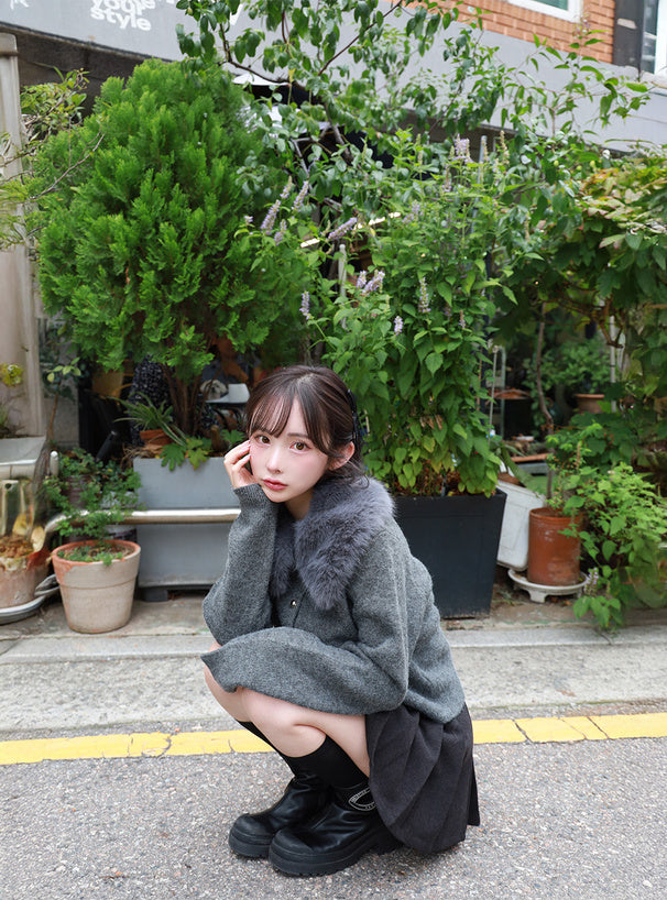 Cardigan with Detachable Faux Fur Collar 可拆式仿皮草領針織開襟衫 [fo2194]
