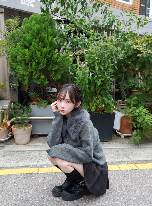 Cardigan with Detachable Faux Fur Collar 可拆式仿皮草領針織開襟衫 [fo2194]