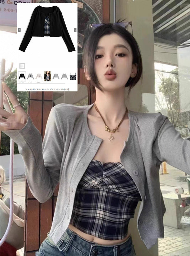 nz59 Check Bustier Camisole and Cardigan Set 格紋胸衣式吊帶背心與開襟外套套裝 1