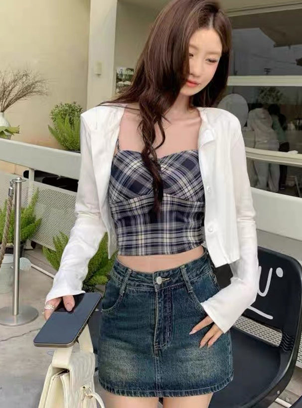 nz59 Check Bustier Camisole and Cardigan Set 格紋胸衣式吊帶背心與開襟外套套裝 7