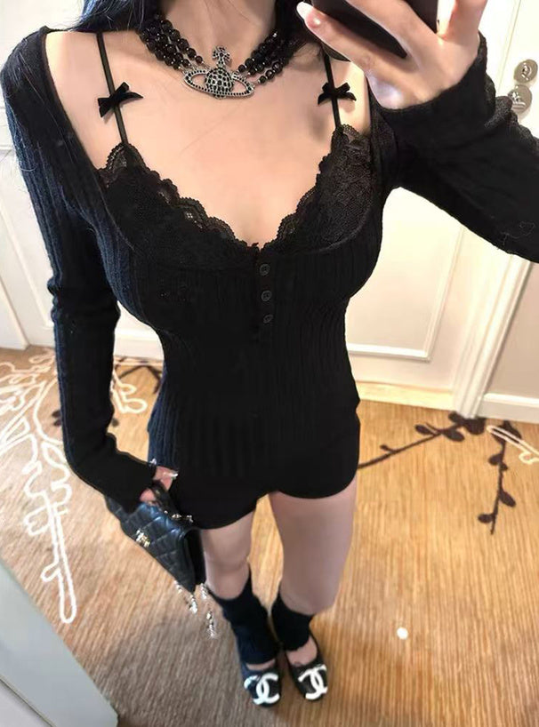 nz68 Lace Layered-Look Openwork Knit Top 蕾絲假兩件透孔針織上衣 1