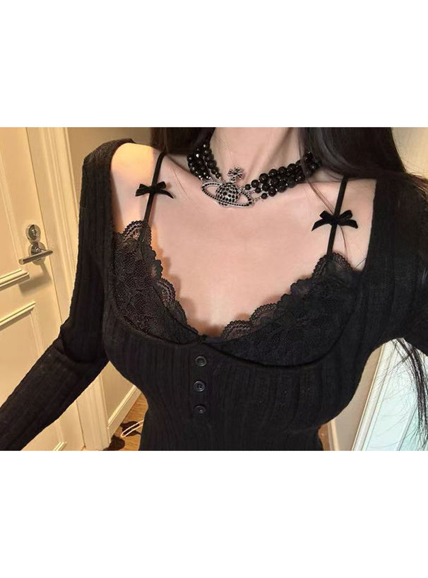 nz68 Lace Layered-Look Openwork Knit Top 蕾絲假兩件透孔針織上衣 2