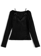 nz68 Lace Layered-Look Openwork Knit Top 蕾絲假兩件透孔針織上衣 4