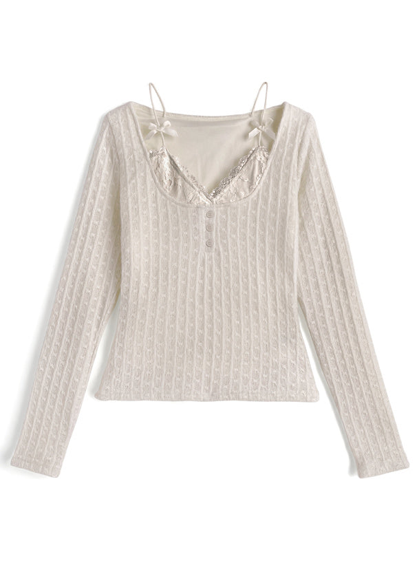 nz68 Lace Layered-Look Openwork Knit Top 蕾絲假兩件透孔針織上衣 5