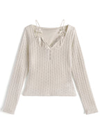 nz68 Lace Layered-Look Openwork Knit Top 蕾絲假兩件透孔針織上衣 5