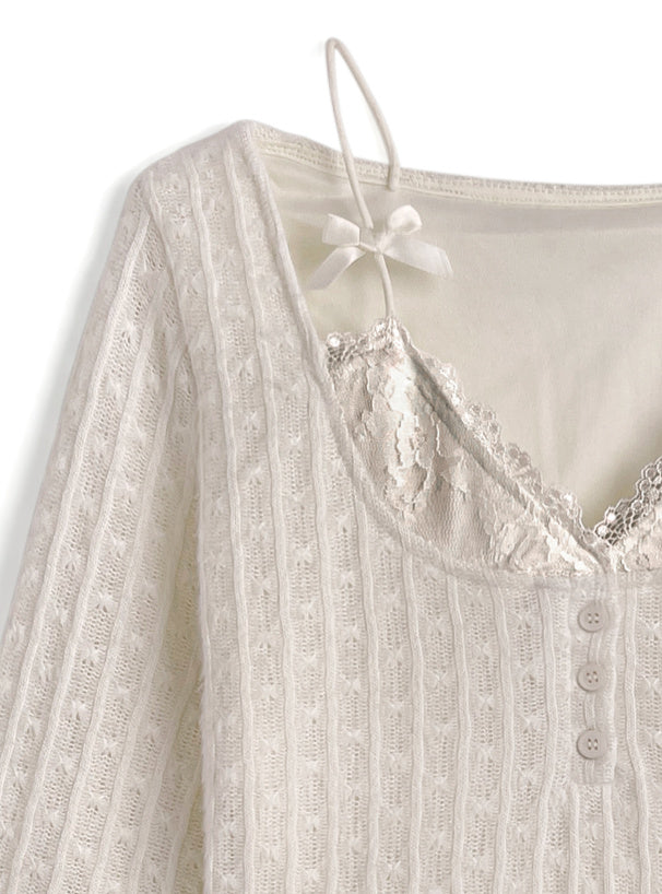 nz68 Lace Layered-Look Openwork Knit Top 蕾絲假兩件透孔針織上衣 8