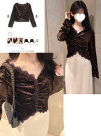 Gathered Lace-Trim Velour Cardigan 蕾絲滾邊抓皺絨面開襟衫 [on462] — 1