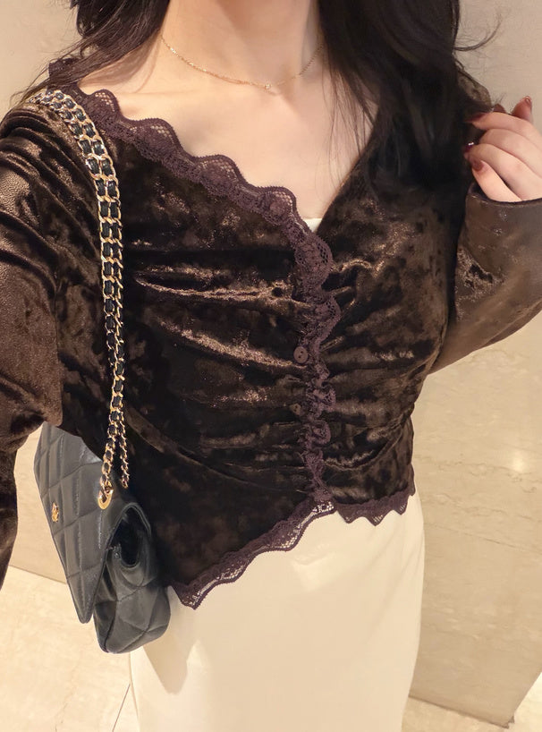 Gathered Lace-Trim Velour Cardigan 蕾絲滾邊抓皺絨面開襟衫 [on462] — 2