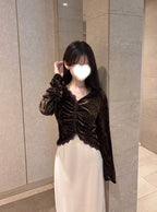 Gathered Lace-Trim Velour Cardigan 蕾絲滾邊抓皺絨面開襟衫 [on462] — 3