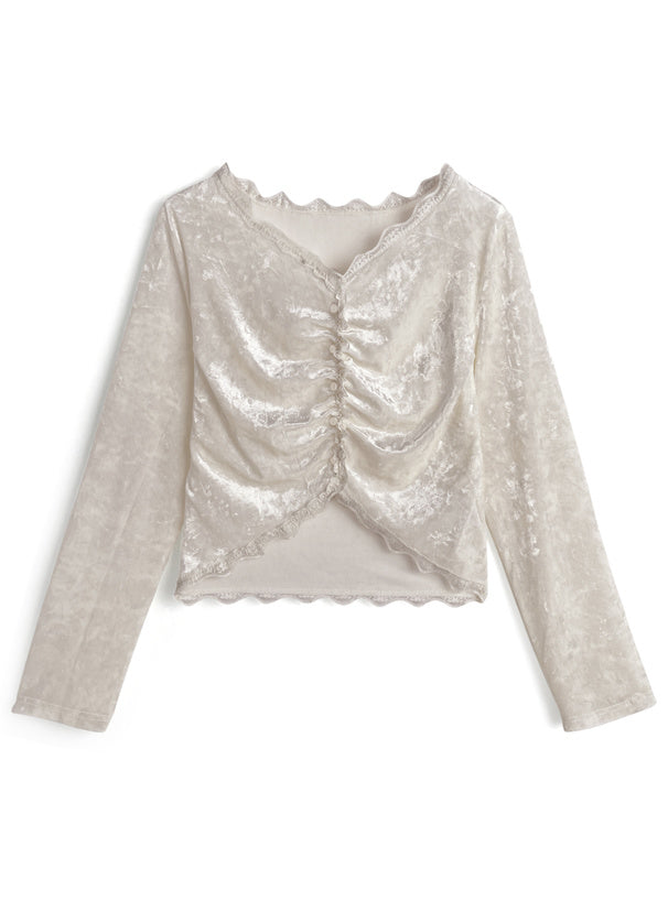 Gathered Lace-Trim Velour Cardigan 蕾絲滾邊抓皺絨面開襟衫 [on462] — 6