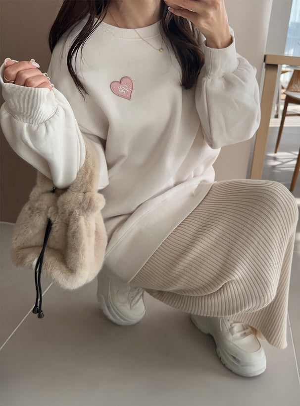 Heart Patch Brushed-Back Sweatshirt Tunic 心形貼布刷毛長版衛衣 [pm358] 2