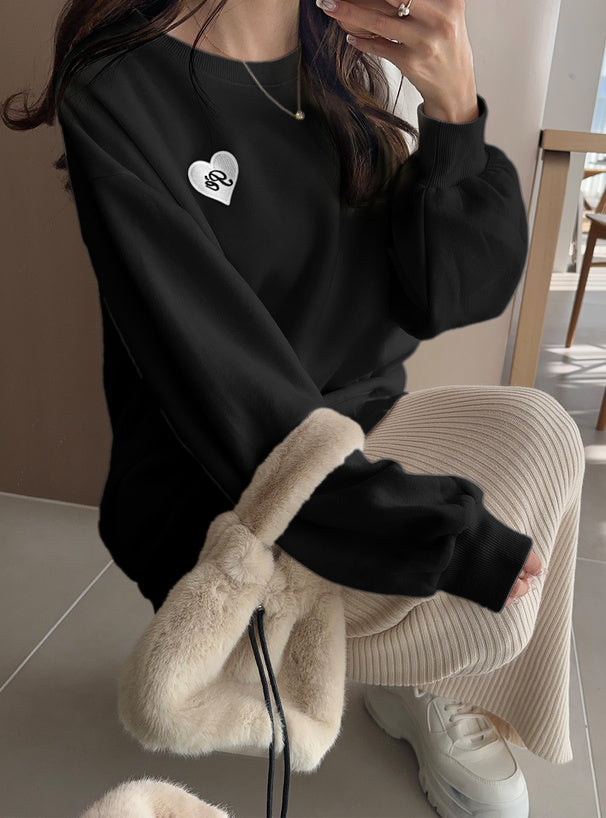 Heart Patch Brushed-Back Sweatshirt Tunic 心形貼布刷毛長版衛衣 [pm358] 8