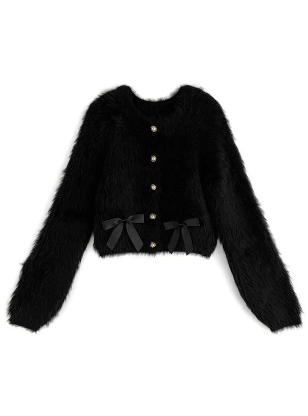Shaggy Knit Ribbon Cropped Cardigan 毛絨針織緞帶短版開襟衫 [pm415] 4