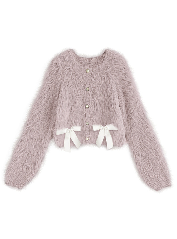 Shaggy Knit Ribbon Cropped Cardigan 毛絨針織緞帶短版開襟衫 [pm415] 6