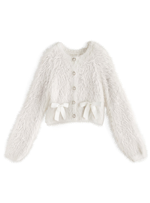 Shaggy Knit Ribbon Cropped Cardigan 毛絨針織緞帶短版開襟衫 [pm415] 8