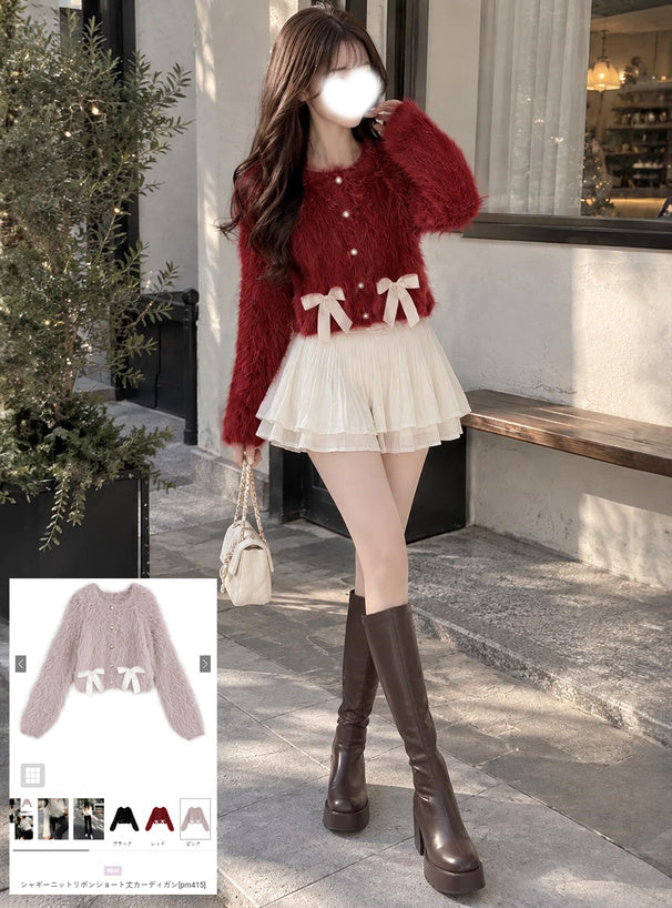 Shaggy Knit Ribbon Cropped Cardigan 毛絨針織緞帶短版開襟衫 [pm415] 9