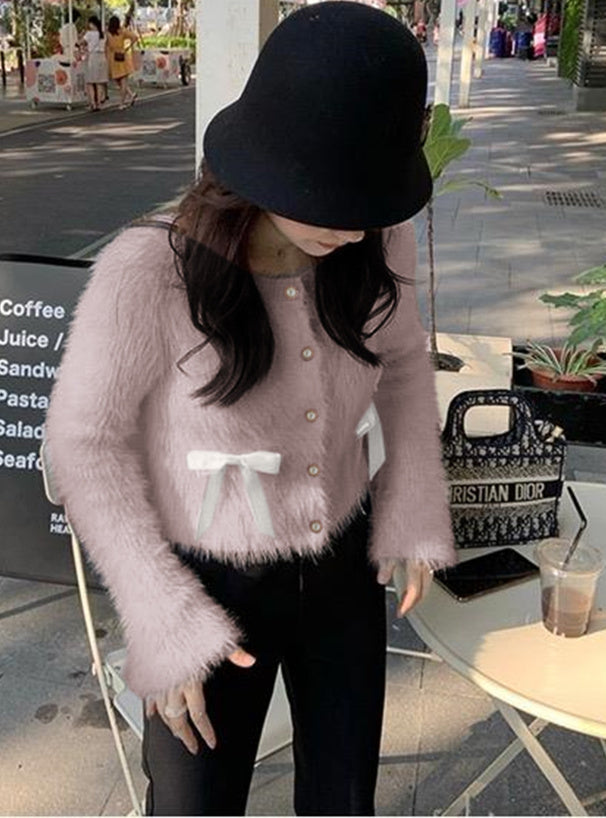 Shaggy Knit Ribbon Cropped Cardigan 毛絨針織緞帶短版開襟衫 [pm415] 15