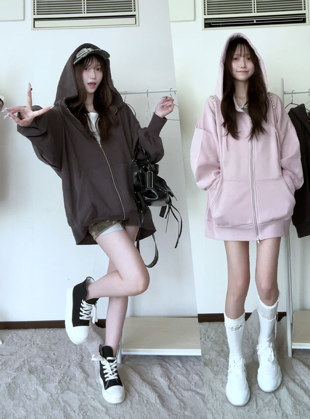 Oversized Fleece-Lined Zip Hoodie 內裡刷毛超大版拉鍊連帽衫 [pm619a] 11