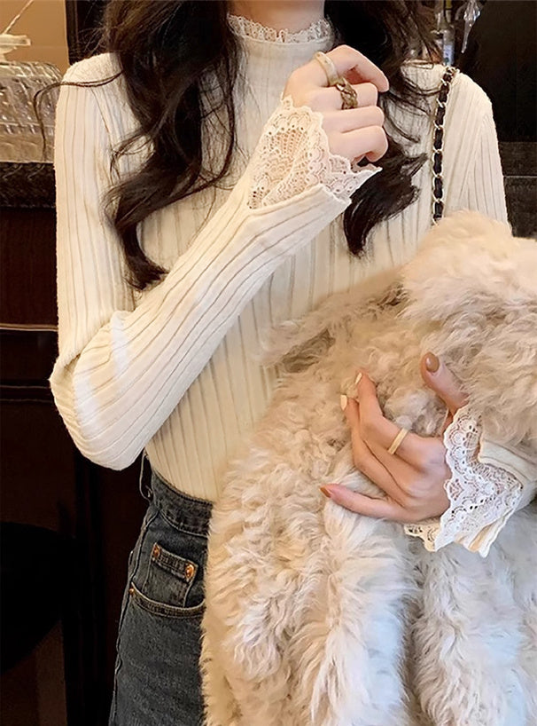 Lace High Neck Rib Knit Top 蕾絲高領羅紋針織上衣 [th008] — 1