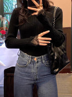 Lace High Neck Rib Knit Top 蕾絲高領羅紋針織上衣 [th008] — 3