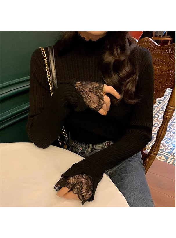 Lace High Neck Rib Knit Top 蕾絲高領羅紋針織上衣 [th008] — 9