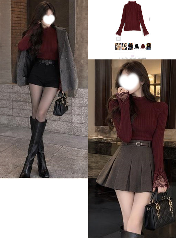 Lace High Neck Rib Knit Top 蕾絲高領羅紋針織上衣 [th008] — 10