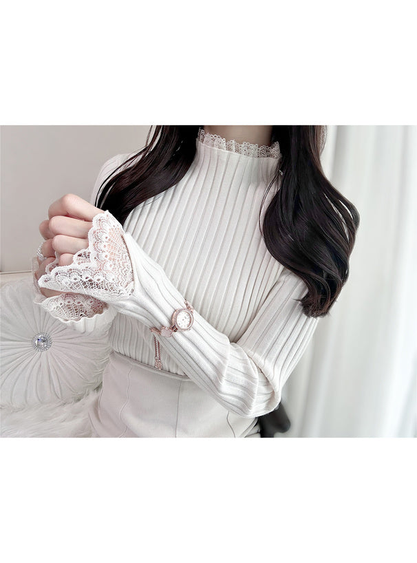 Lace High Neck Rib Knit Top 蕾絲高領羅紋針織上衣 [th008] — 11